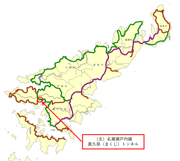 奄美大島でのまくじトンネルの位置